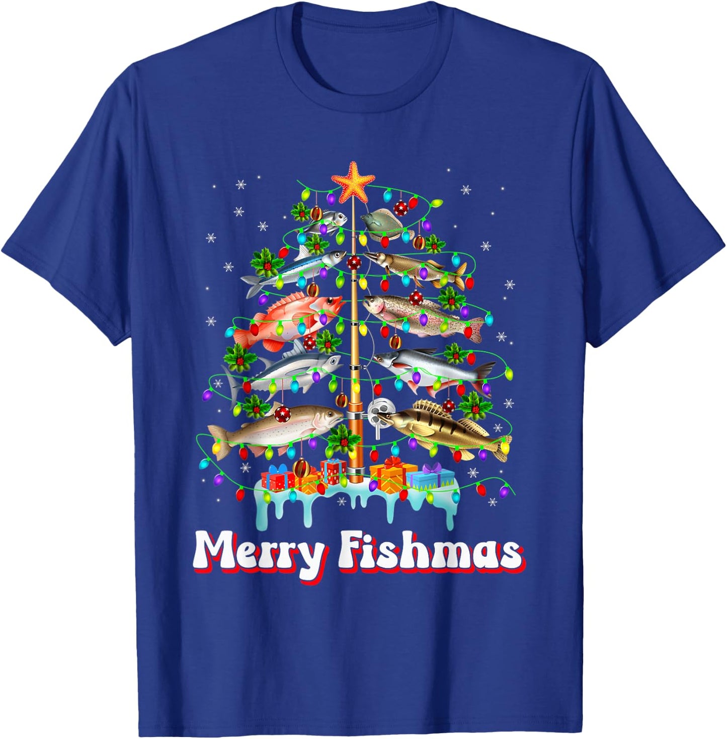 Merry Fishmas Christmas Tree Funny Fish Fishing Fisherman T-Shirt - T-Shirt | Royal