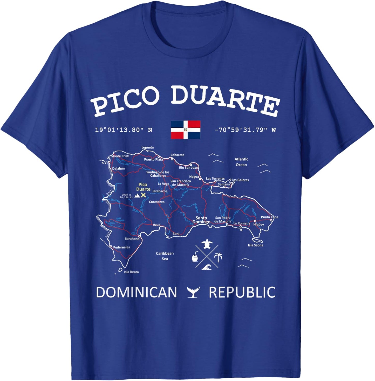 PICO DUARTE Dominican Republic Flag Map GPS Coordinates T-Shirt - T-Shirt | Royal