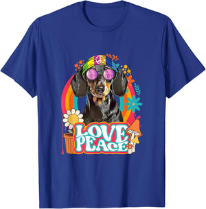 Hippie Dachshund Dog Retro 60s 70s Peace Sign Love T-Shirt - T-Shirt | Royal