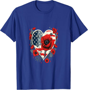 Memorial Day Red Poppy Flower USA Heart Flag 4th of July T-Shirt - T-Shirt | Royal
