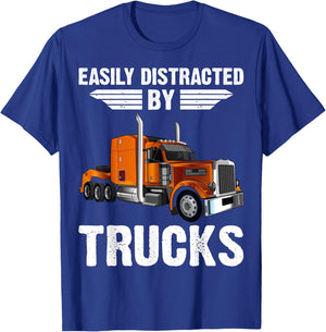 Easily Distracted By Trucks Semi Truck Trucker Dad T-Shirt - T-Shirt | Royal