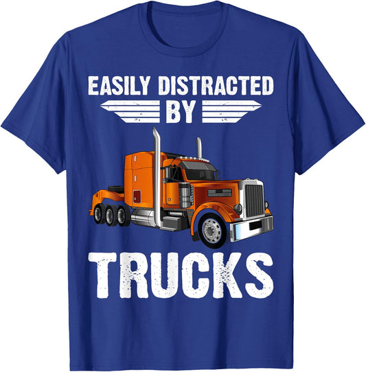 Easily Distracted By Trucks Semi Truck Trucker Dad T-Shirt - T-Shirt | Royal