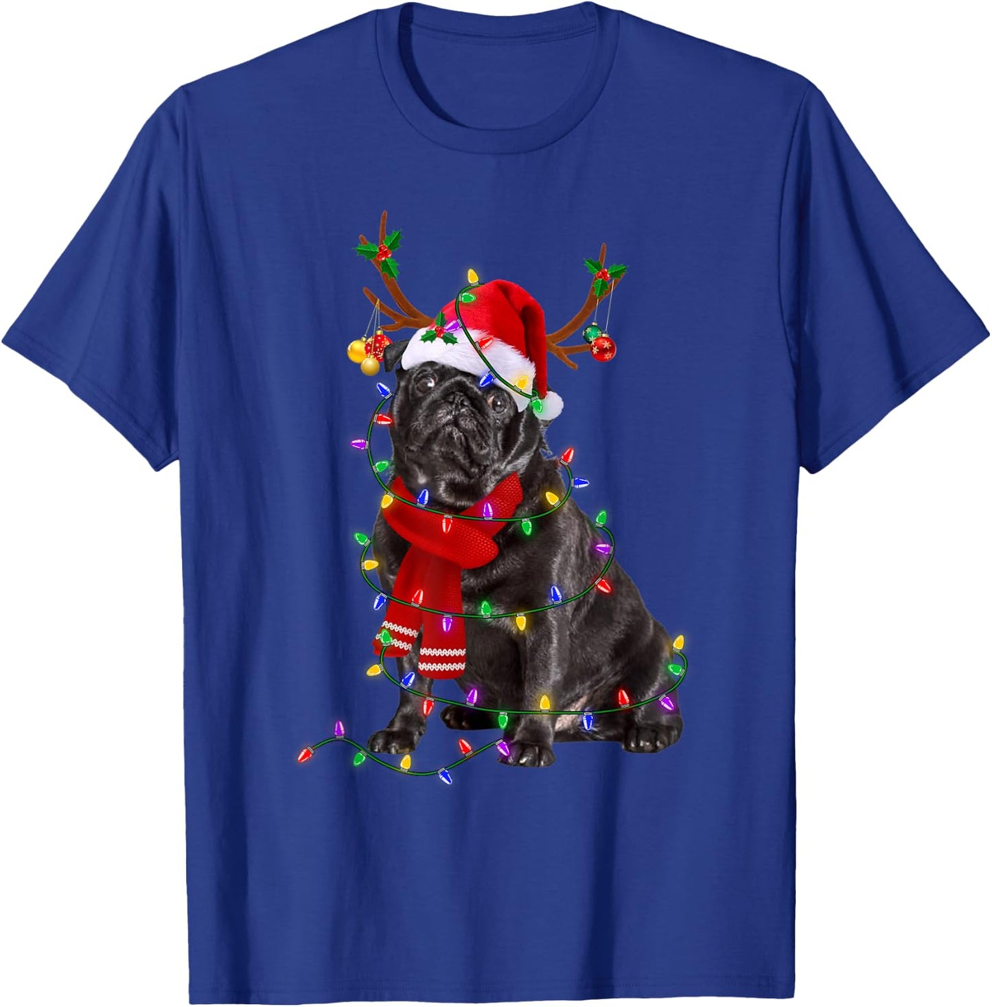 Funny Black Pug Dog Tree Christmas Lights Xmas Pajama Men Women Kids T-Shirt - T-Shirt | Royal