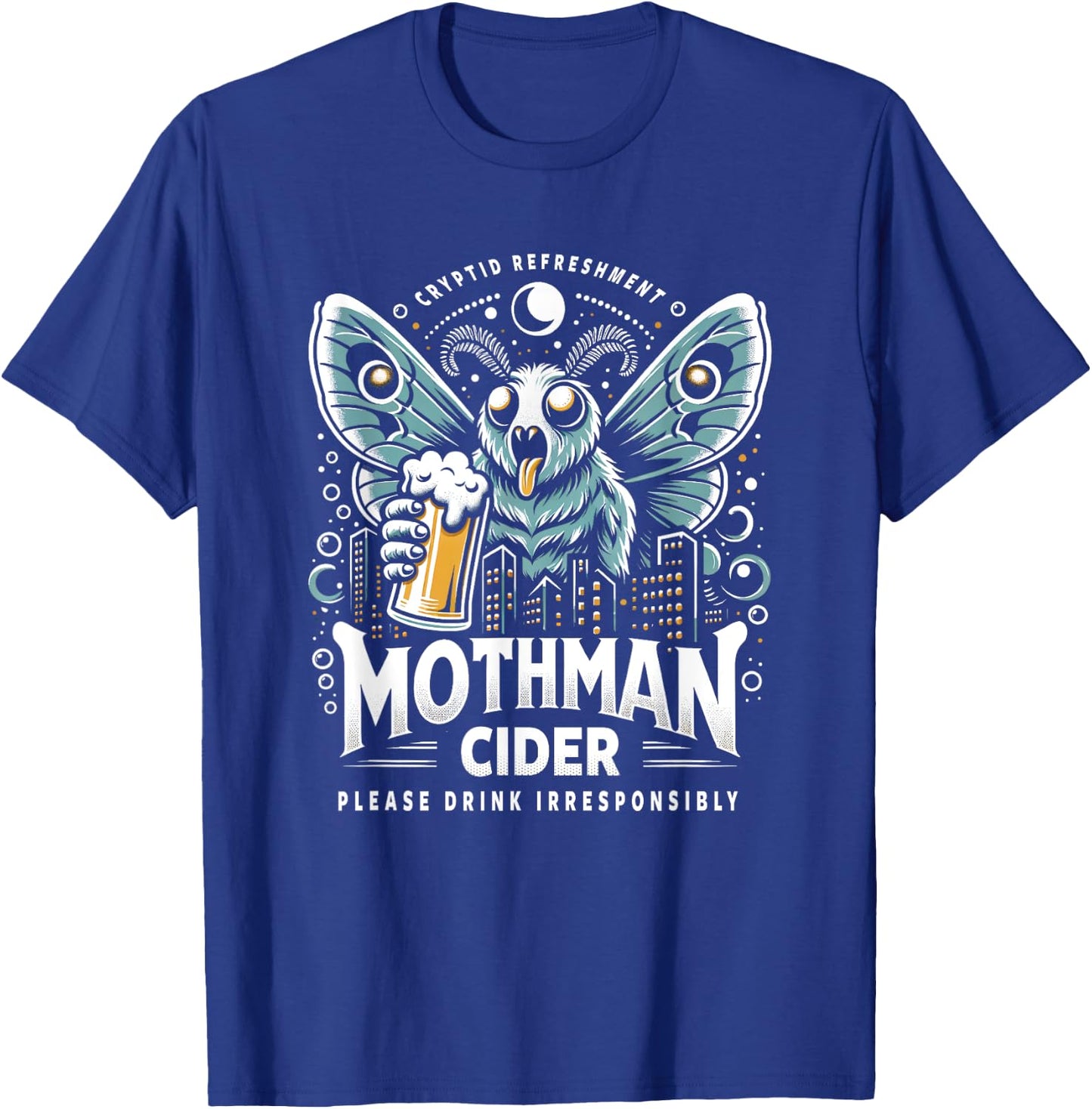 Funny Cryptid Beer Brand Parody Mothman Cider T-Shirt - T-Shirt | Royal