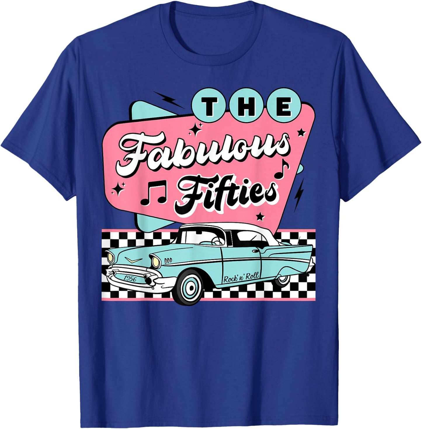 The Fifties 1950s Car Music Checkerboard Rockabilly Sock Hop T-Shirt - T-Shirt | Royal