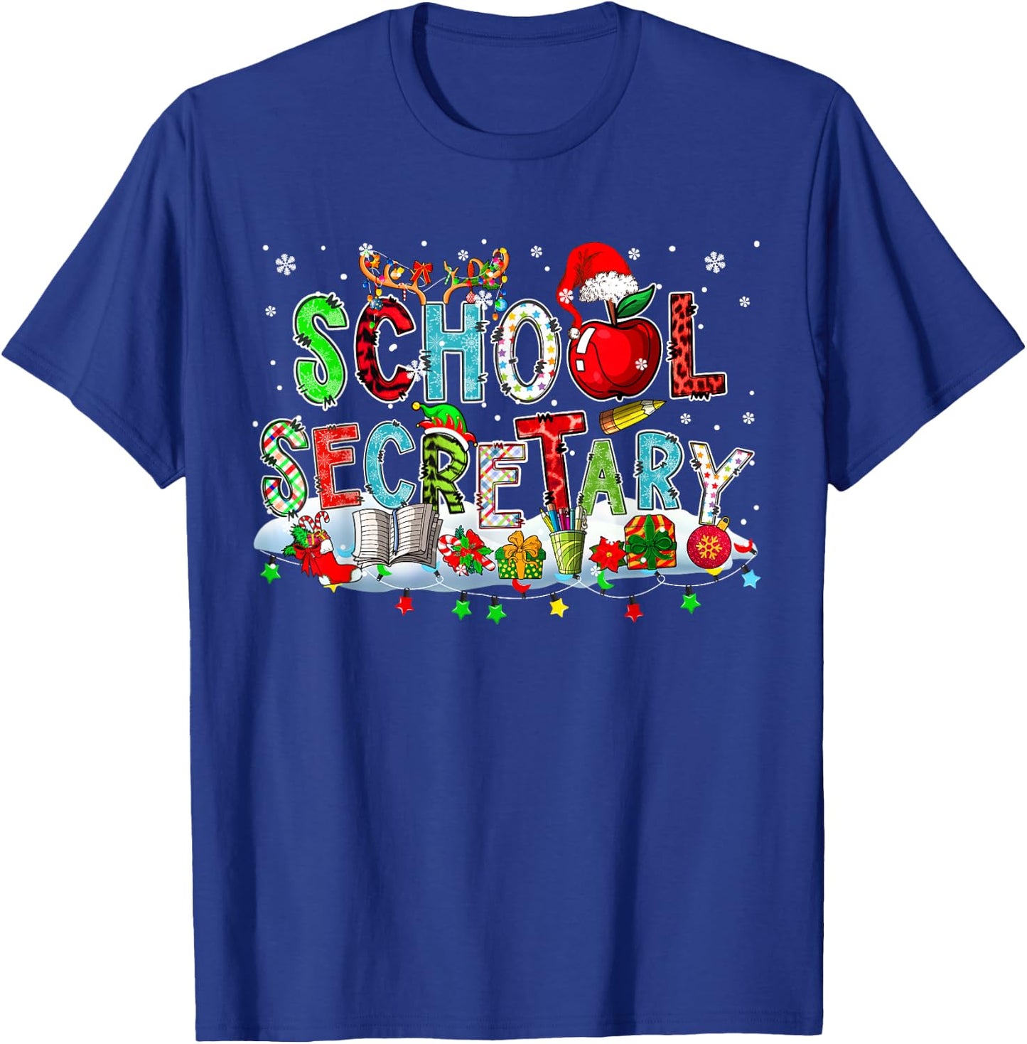 School Secretary Xmas Leopard Plaid Santa Reindeer Elf Books T-Shirt - T-Shirt | Royal