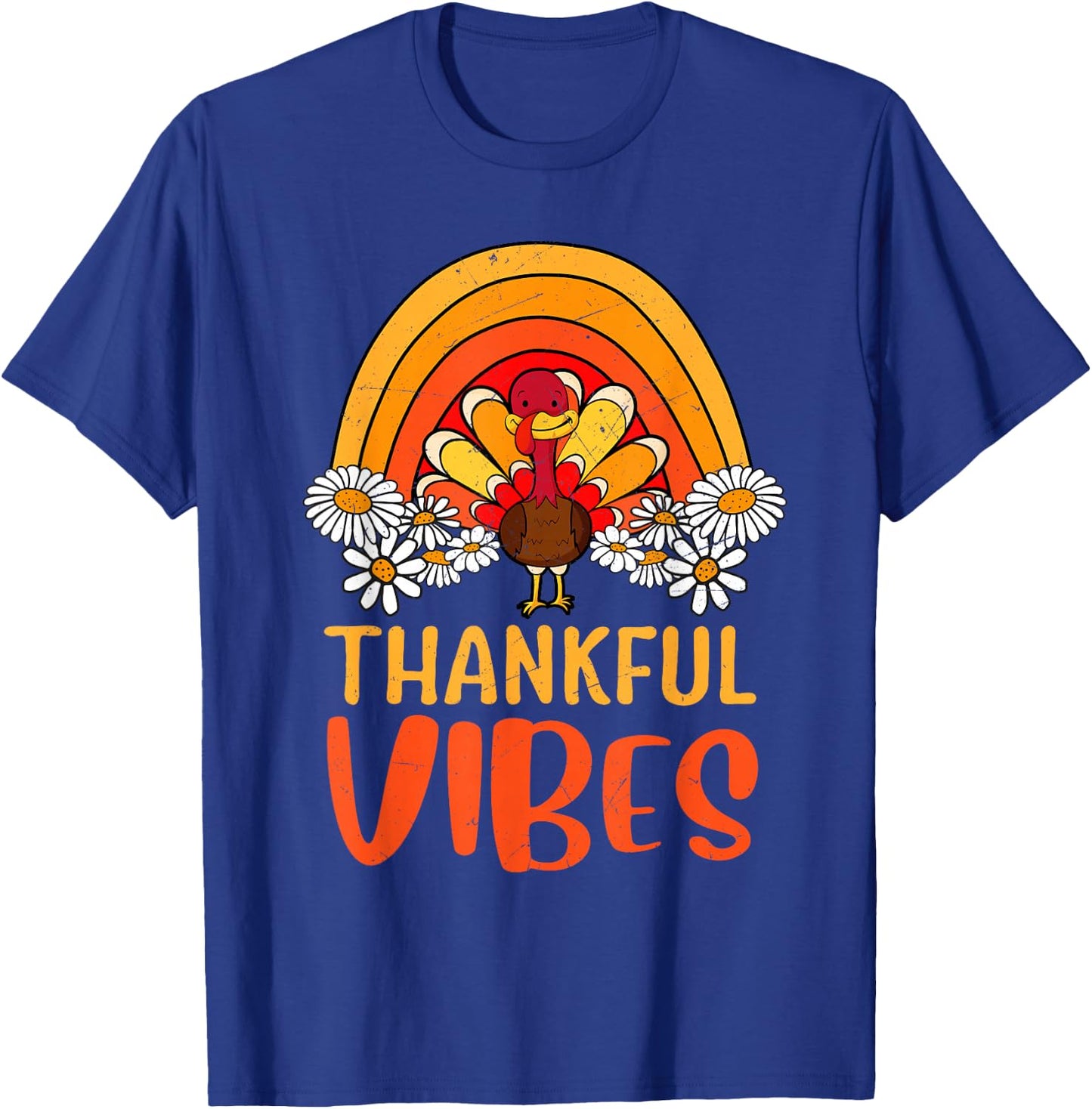 Thankful Vibes Turkey Retro Groovy Thanksgiving Rainbow T-Shirt - T-Shirt | Royal