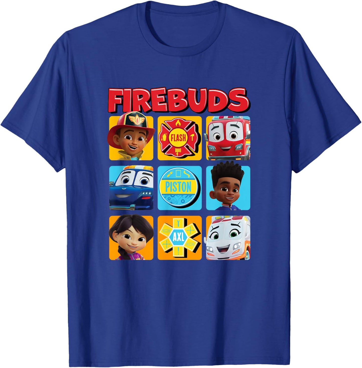 Disney Firebuds Happy Main Characters Panels Big Chest Logo T-Shirt - T-Shirt | Royal