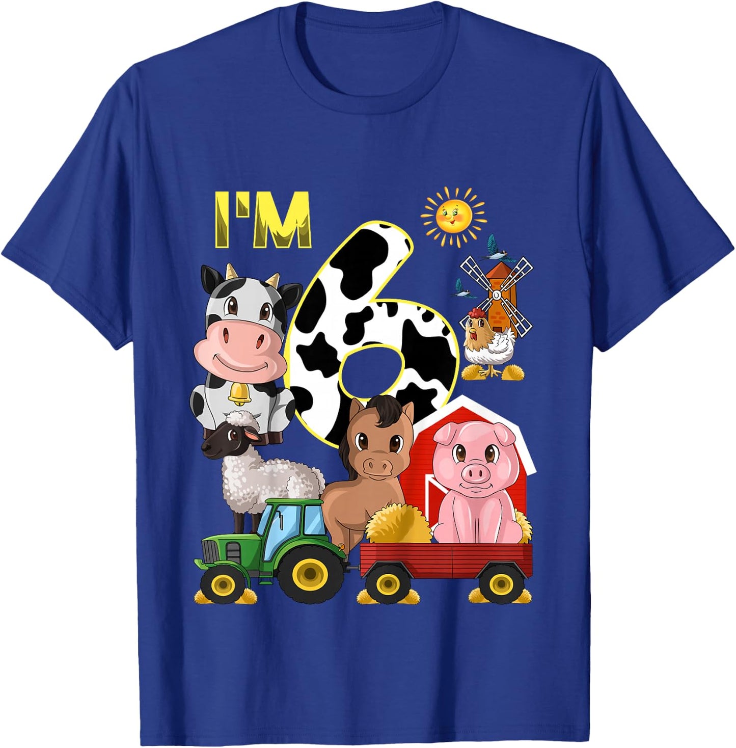 Kids Farm Animals Tractor 6th Birthday 6 Year Old Birthday Party T-Shirt - T-Shirt | Royal