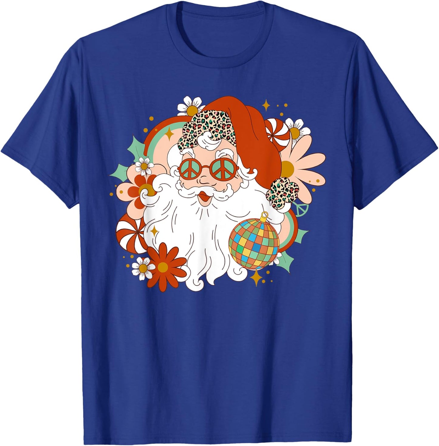 Hippie Santa Claus Floral Peace Sign Xmas Retro Christmas T-Shirt - T-Shirt | Royal