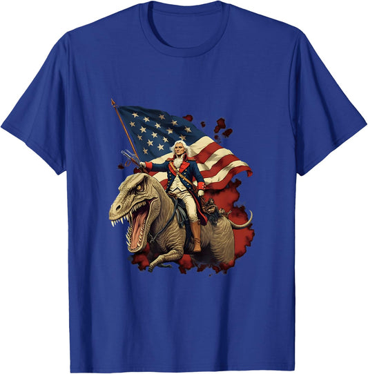 George Washington on a Dinosaur on July 4th Independence Day T-Shirt - T-Shirt | Royal