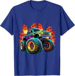 Monster Truck Flame Retro Monster Truck Birthday Boy Party T-Shirt - T-Shirt | Royal