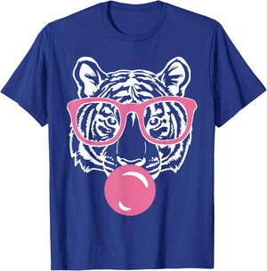 Popping Bubble Gum Tiger Smart Pink Glasses Cat and Tiger T-Shirt - T-Shirt | Royal