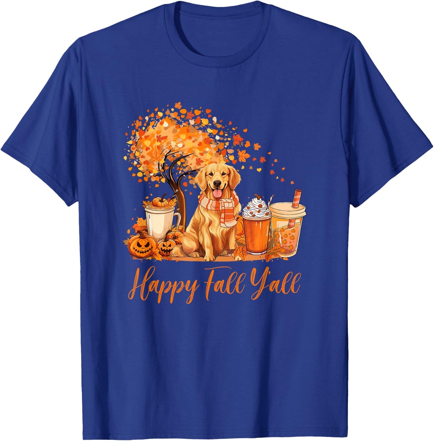 Happy Fall Y'all Golden Retriever Autumn Pumpkin Spice Latte T-Shirt - T-Shirt | Royal