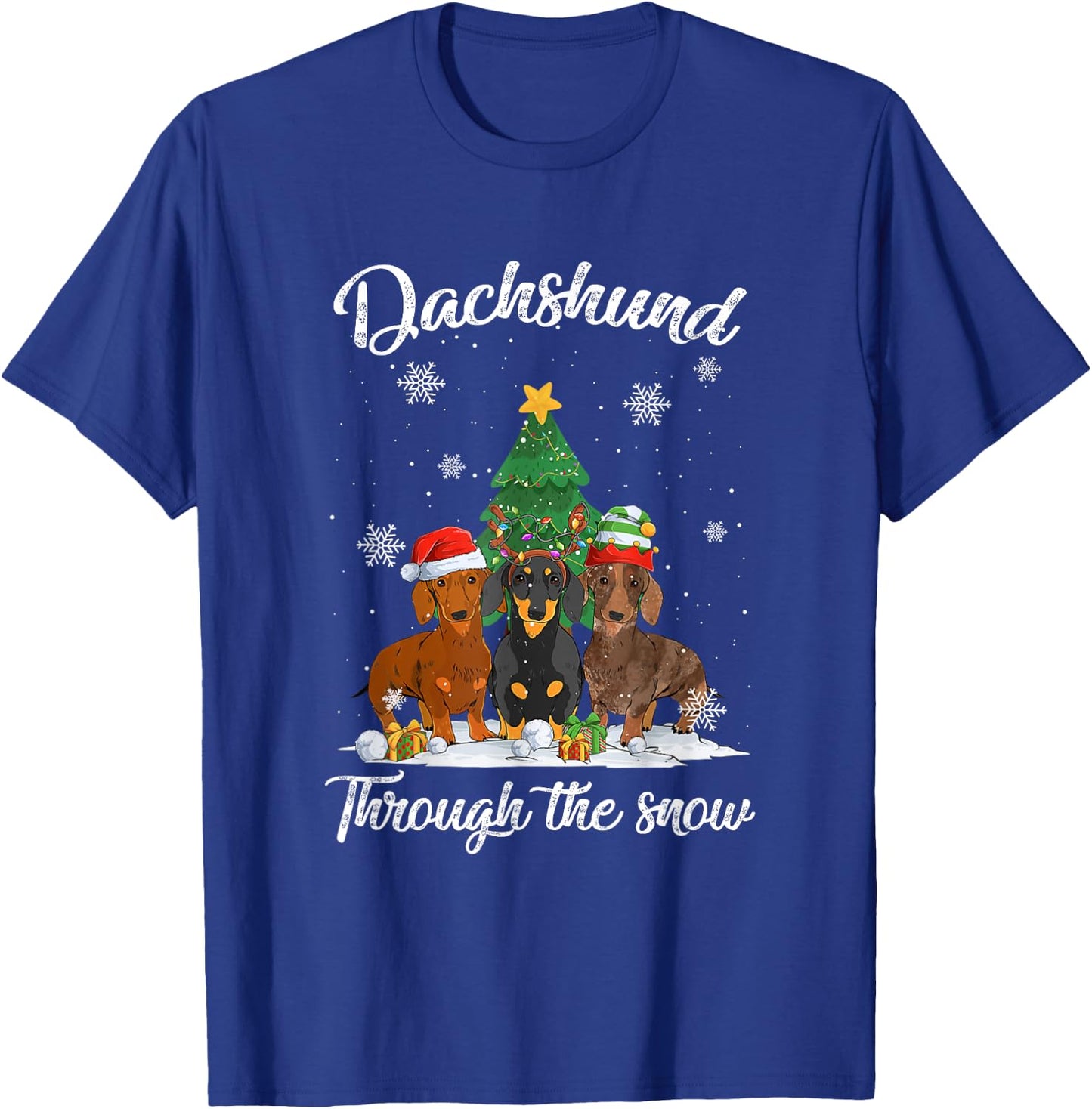 Merry Christmas Dachshund Dog Through The Snow Men Women Kids T-Shirt - T-Shirt | Royal