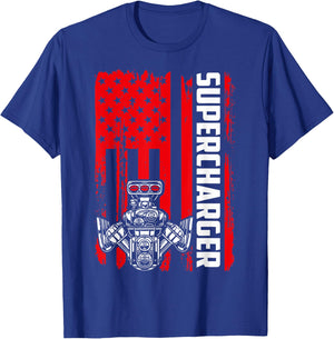 Supercharger Flag July 4th Drag Racing Muscle Car Horsepower T-Shirt - T-Shirt | Royal