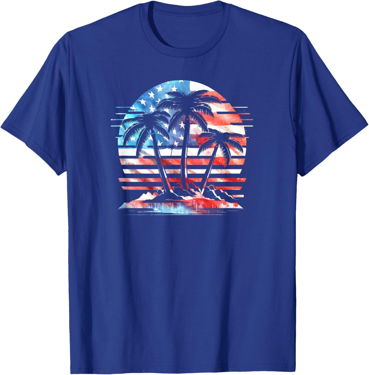 American Flag Retro Beach Palm Trees 4th of July Patriotic T-Shirt - T-Shirt | Royal