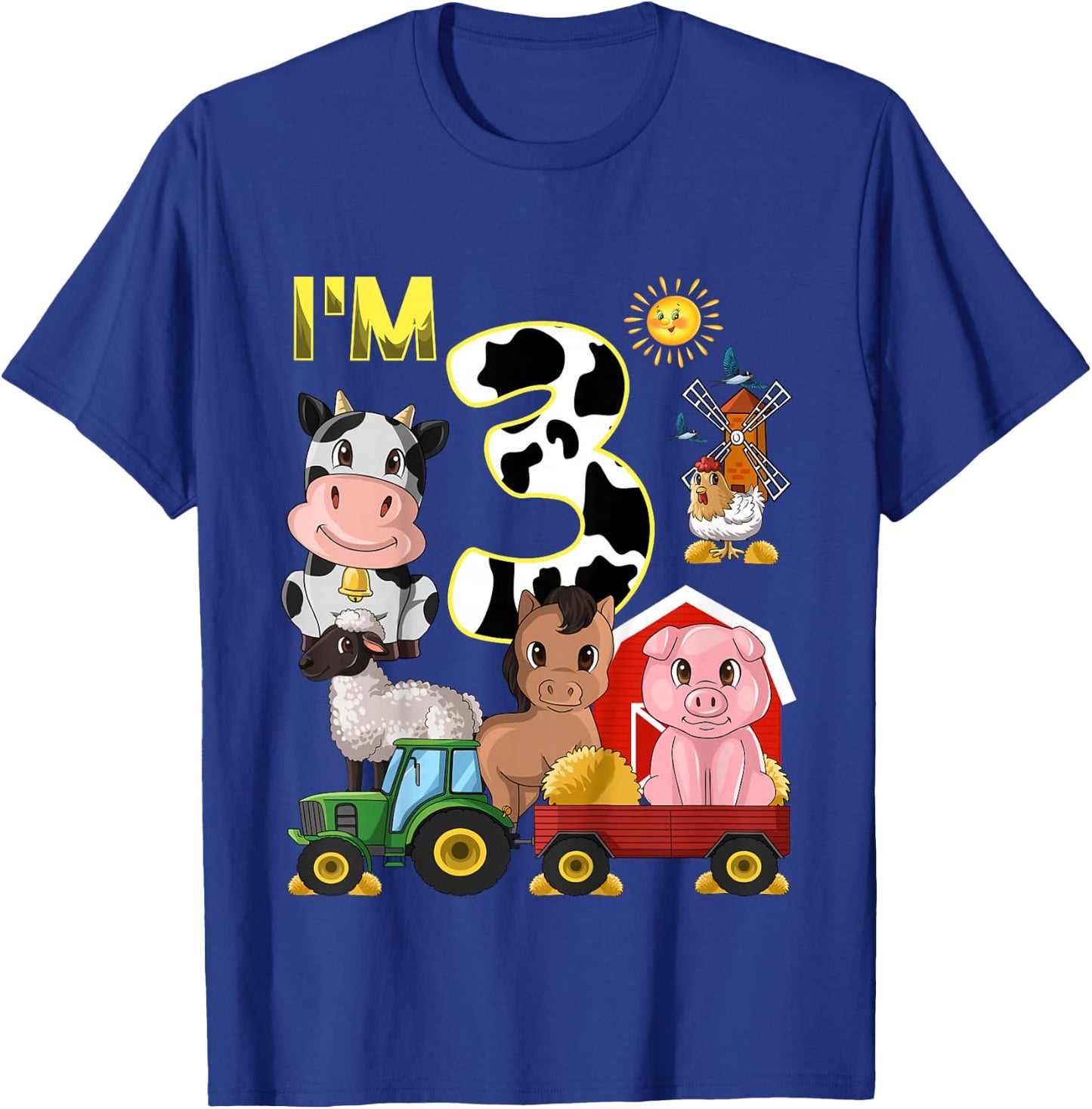 Farm Animals Tractor 3rd Birthday 3 Year Old Birthday Party T-Shirt - T-Shirt | Royal
