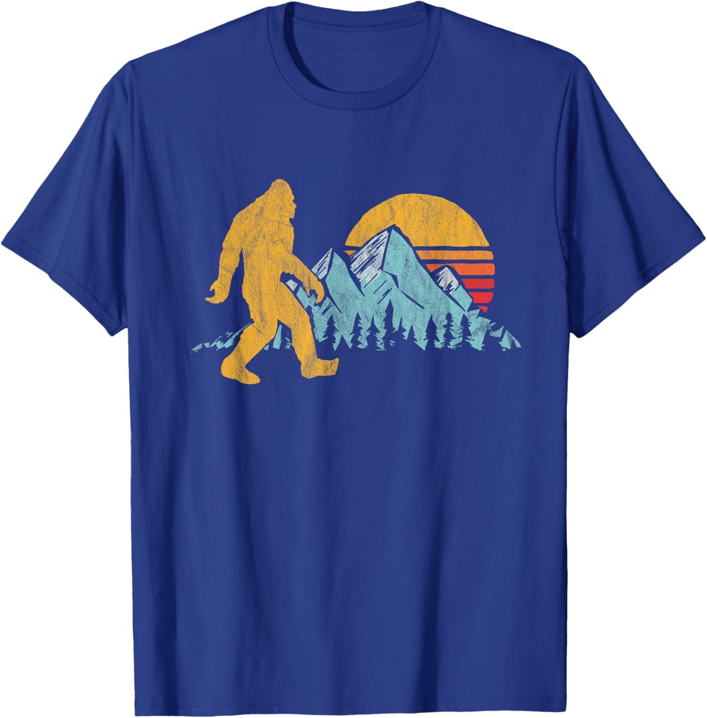 Retro Bigfoot Silhouette Mountain Sun Believe! Graphic T-Shirt - T-Shirt | Royal