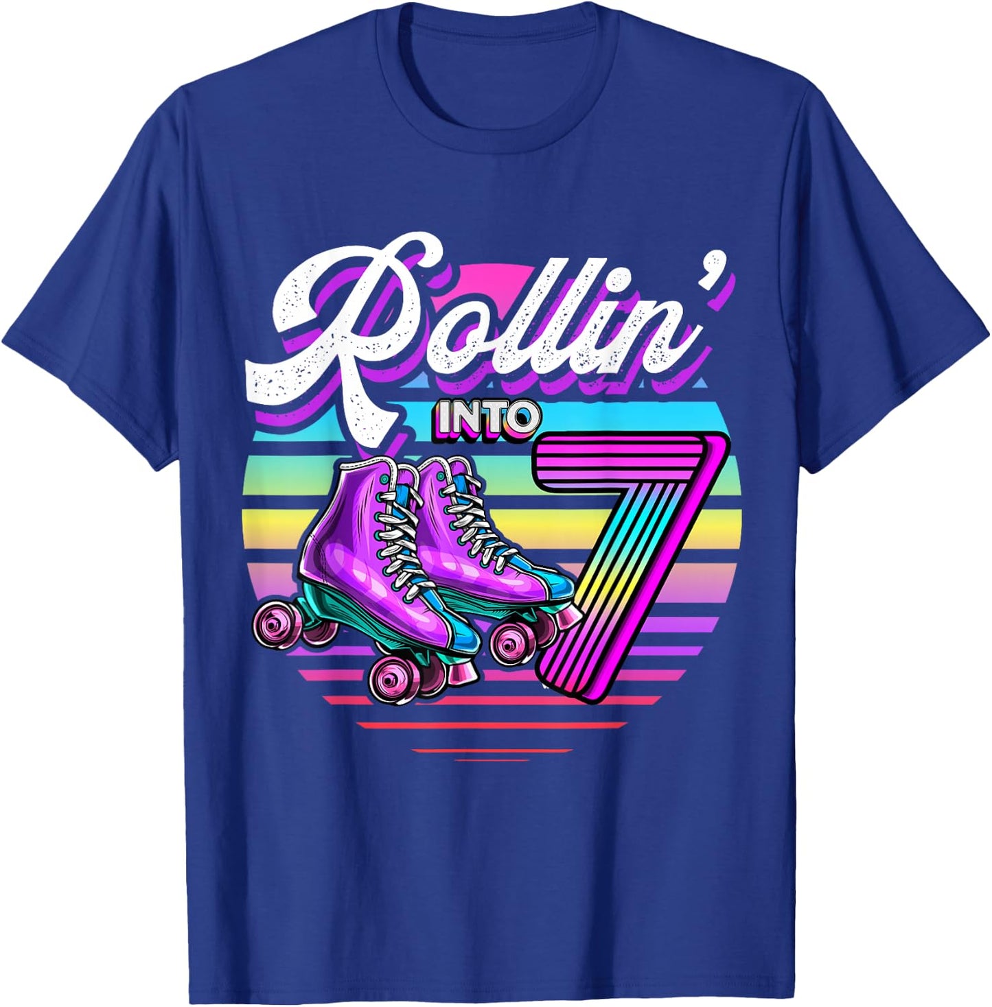 Rollin' into 7 Roller Skating Rink 7th Birthday Party Girls T-Shirt - T-Shirt | Royal