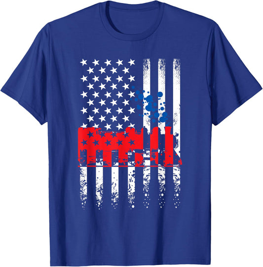 USA America Flag Steam Engine Train Conductor 4th of July Women Kids Men T-Shirt - T-Shirt | Royal