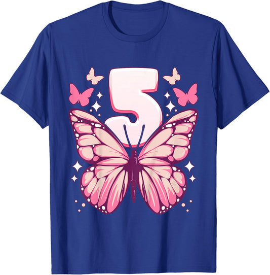 Birthday Girl 5 years, Butterflies and Number 5 T-Shirt - T-Shirt | Royal