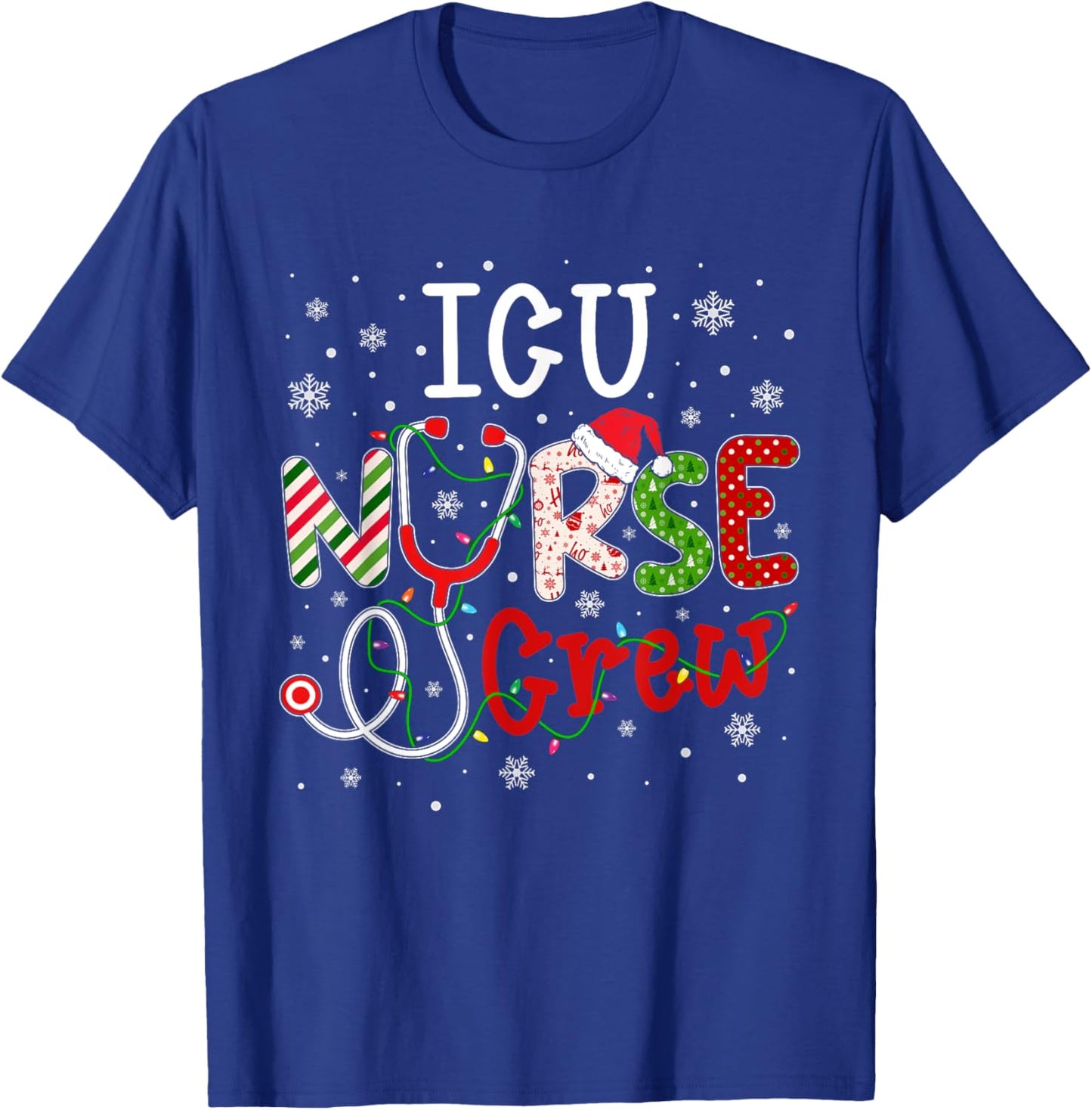 ICU Christmas Nurse Crew Funny Nursing Christmas Pattern T-Shirt - T-Shirt | Royal