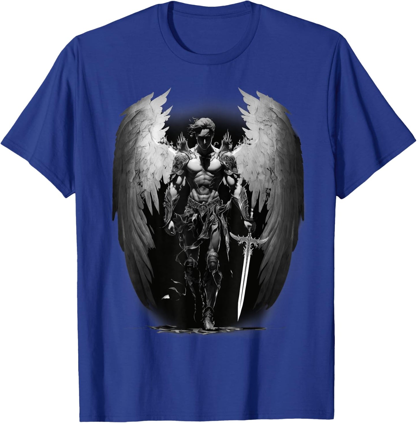 Angel Archangel with Sword, Wings in B&W Walking to Fight. T-Shirt - T-Shirt | Royal