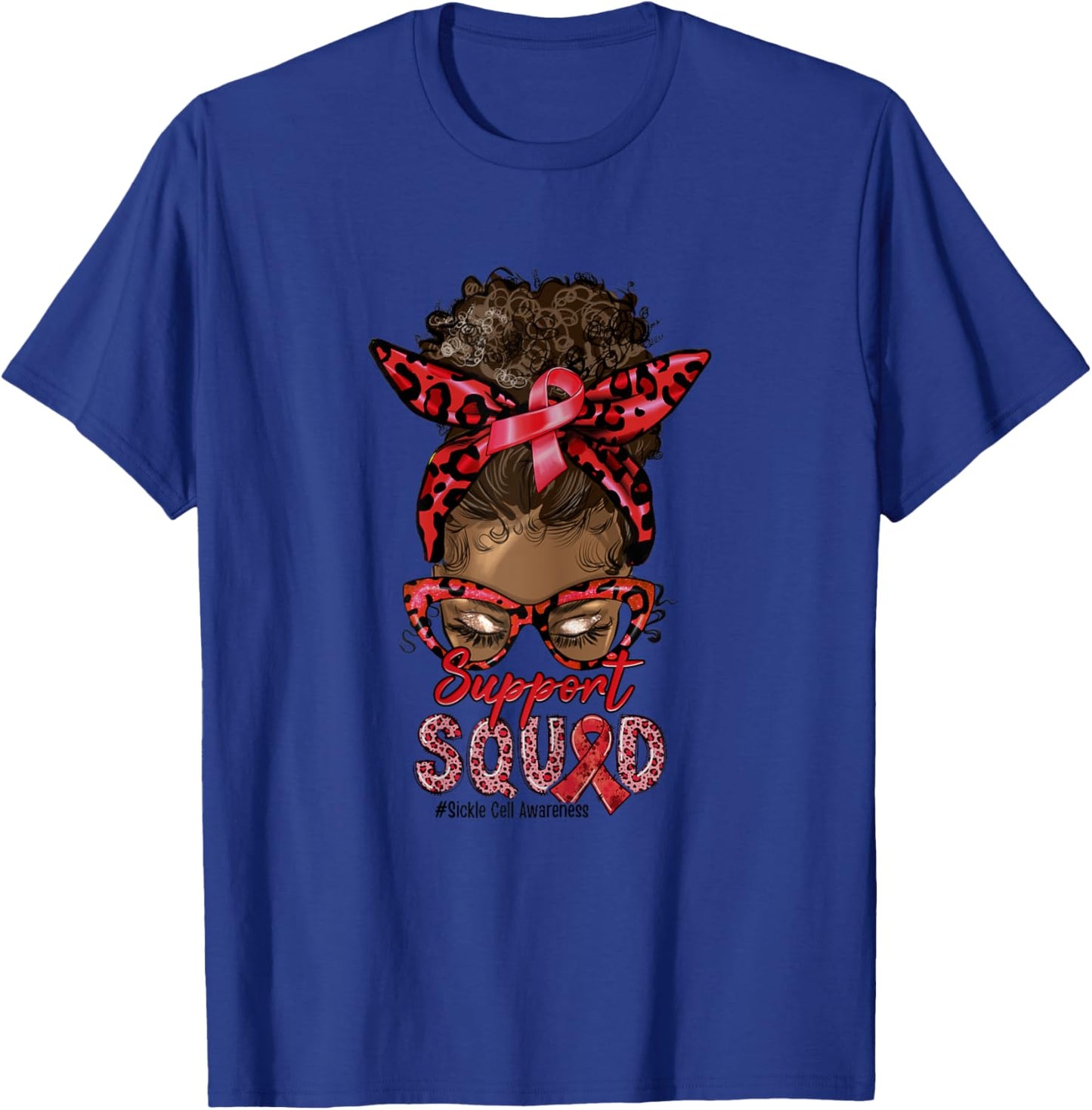 Support Squad Afro Messy Bun Leopard Sickle Cell Awareness T-Shirt - T-Shirt | Royal