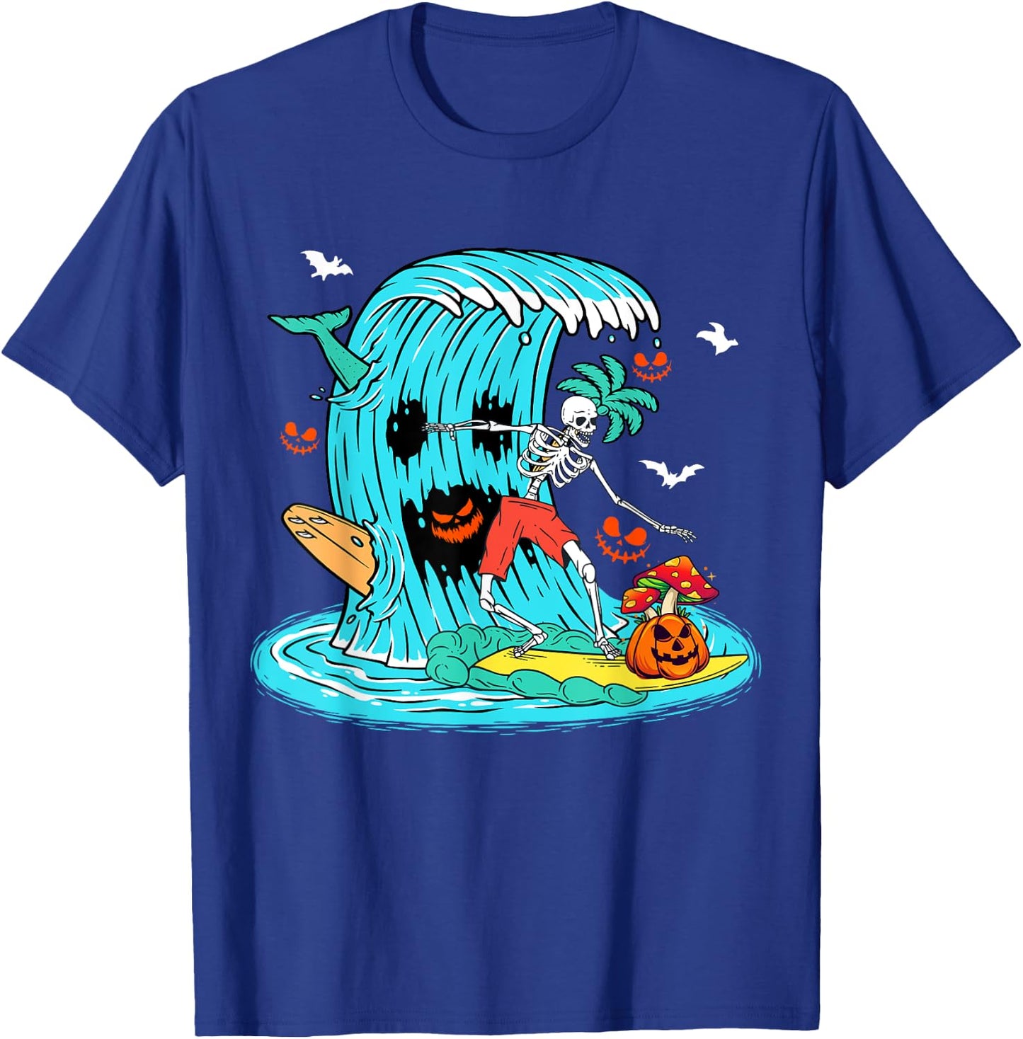 Skeleton Surfing Hawaiian Halloween Surfer Horror Pumpkin T-Shirt - T-Shirt | Royal