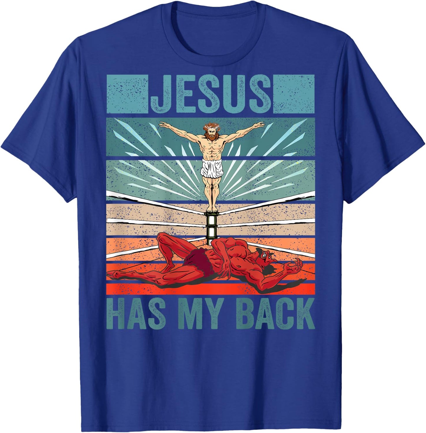 Wrestler Costume Devil Jesus Has My BACK PRINT Christian T-Shirt - T-Shirt | Royal