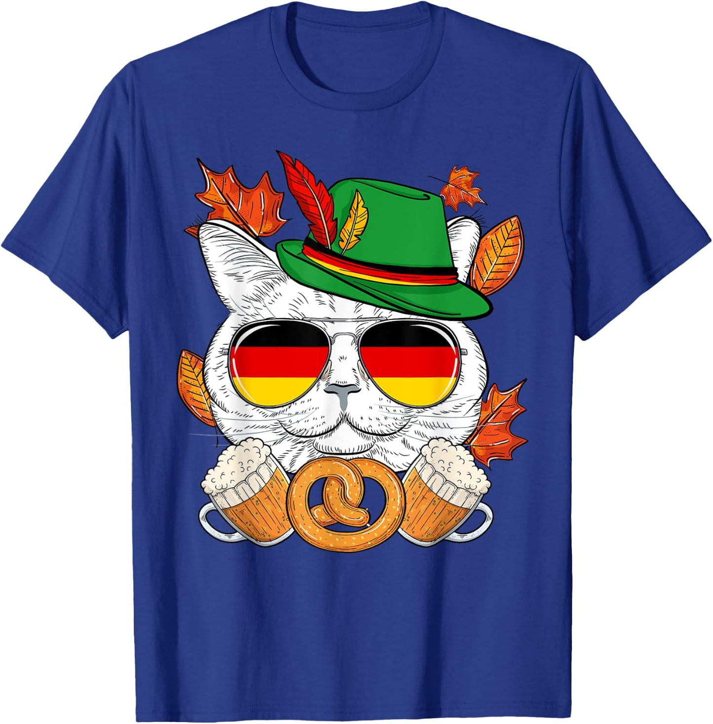 Funny Lederhosen Cat & Sunglasses Germany Flag Oktoberfest T-Shirt - T-Shirt | Royal