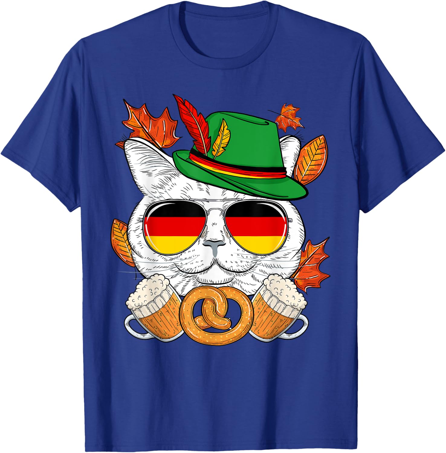 Funny Lederhosen Cat & Sunglasses Germany Flag Oktoberfest T-Shirt - T-Shirt | Royal