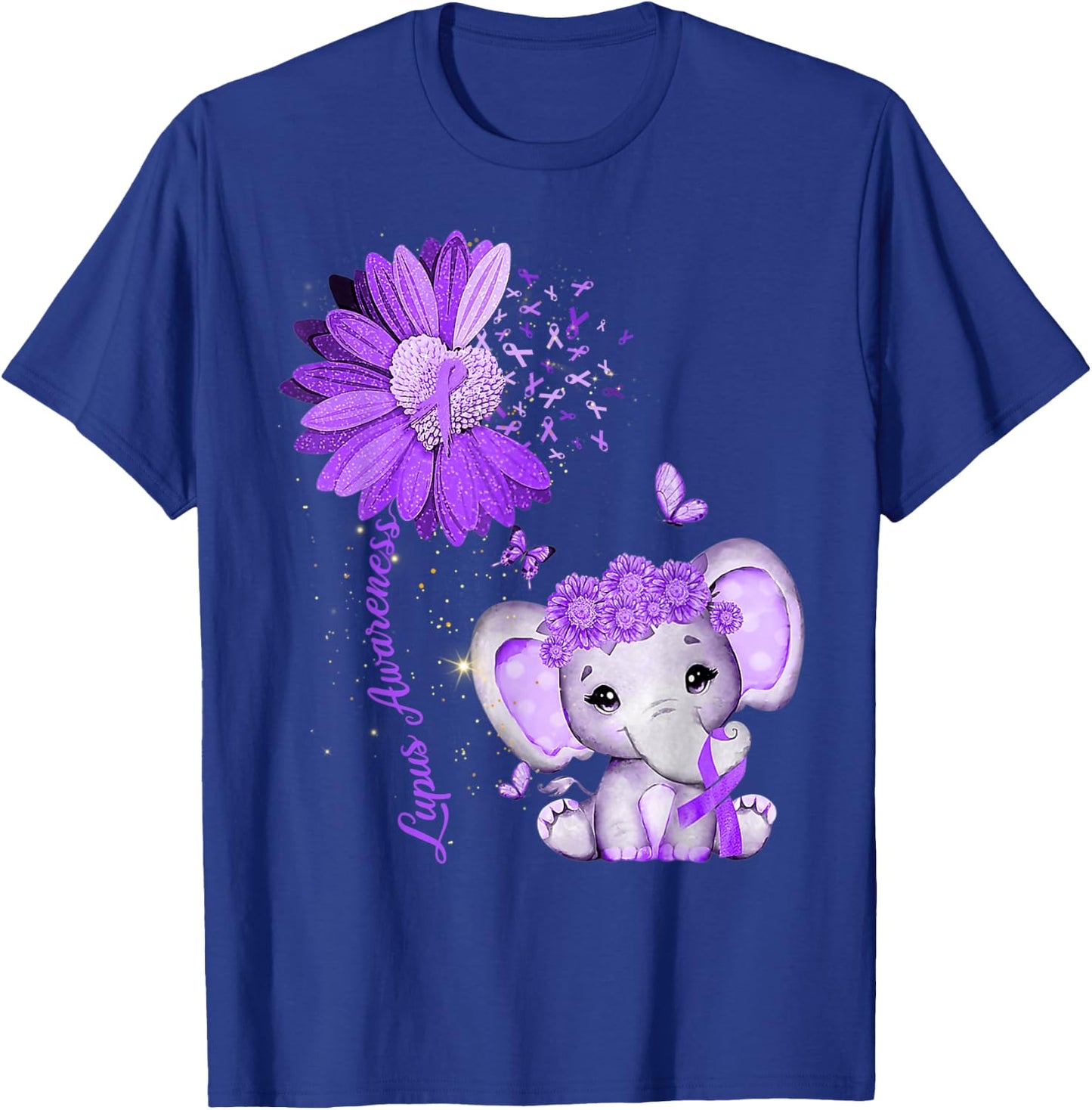 Lupus Awareness Sunflower Purple Ribbon Elephant T-Shirt - T-Shirt | Royal