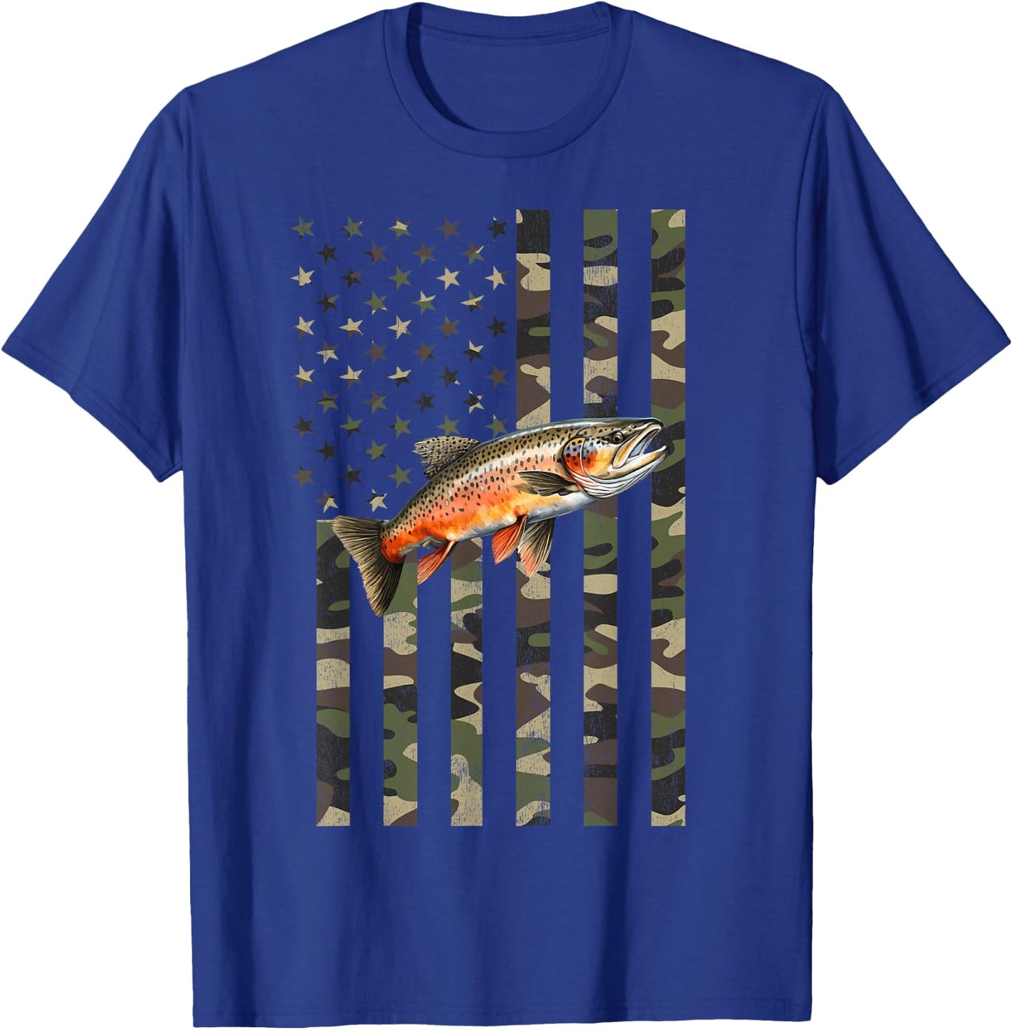 Brook Trout Fishing, Camo American Flag with Brook Trout T-Shirt - T-Shirt | Royal