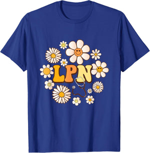 Retro groovy smile face Flowers LPN Licensed Practical Nurse T-Shirt - T-Shirt | Royal