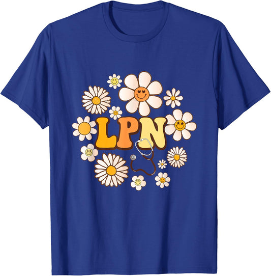 Retro groovy smile face Flowers LPN Licensed Practical Nurse T-Shirt - T-Shirt | Royal