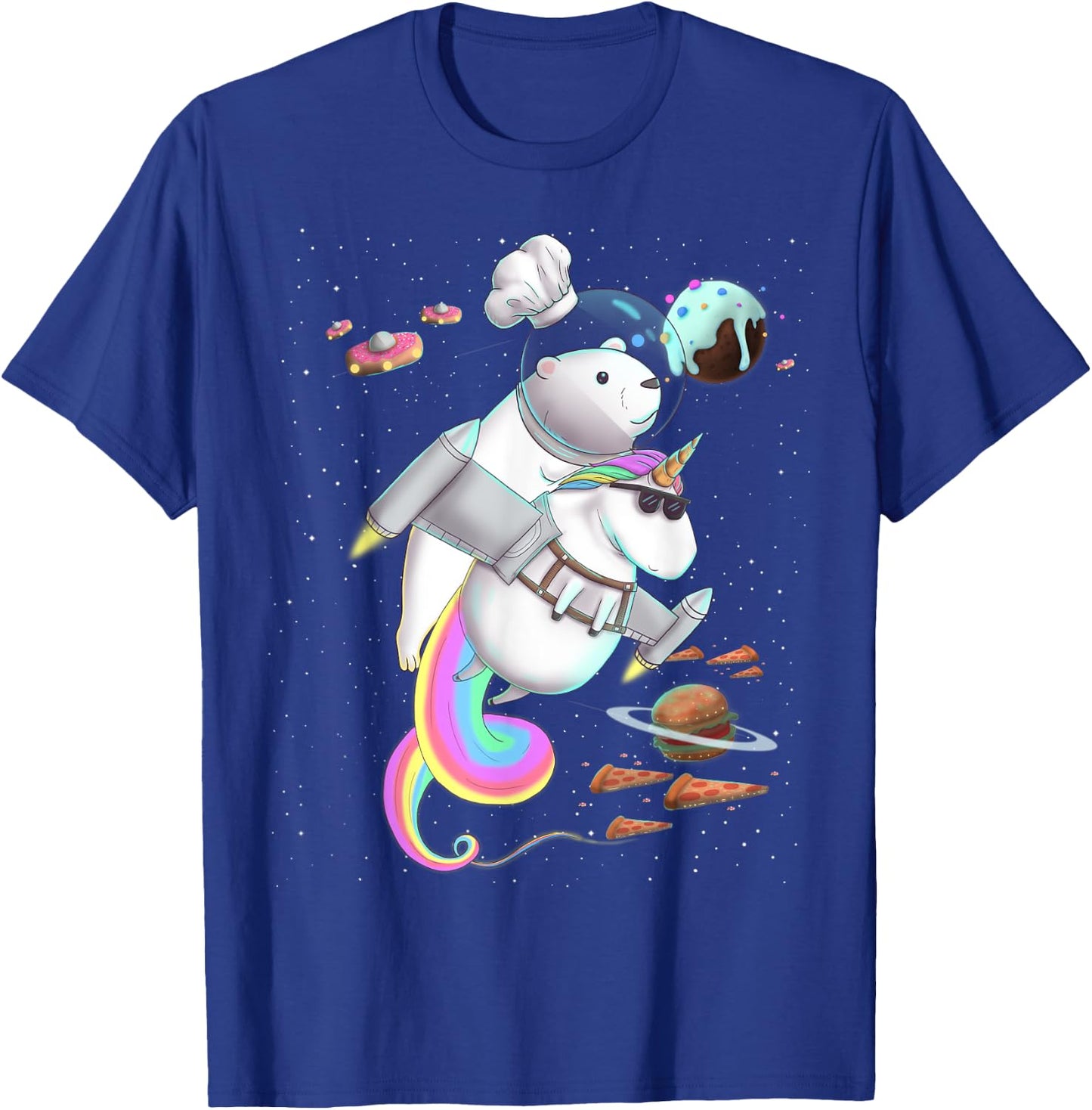Polar Bear Riding Unicorn Food Pizza Space Party Planet T-Shirt - T-Shirt | Royal