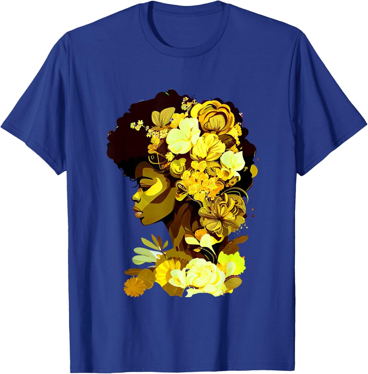 Beautiful Black Woman Afro Queen African Art Yellow Flowers T-Shirt - T-Shirt | Royal