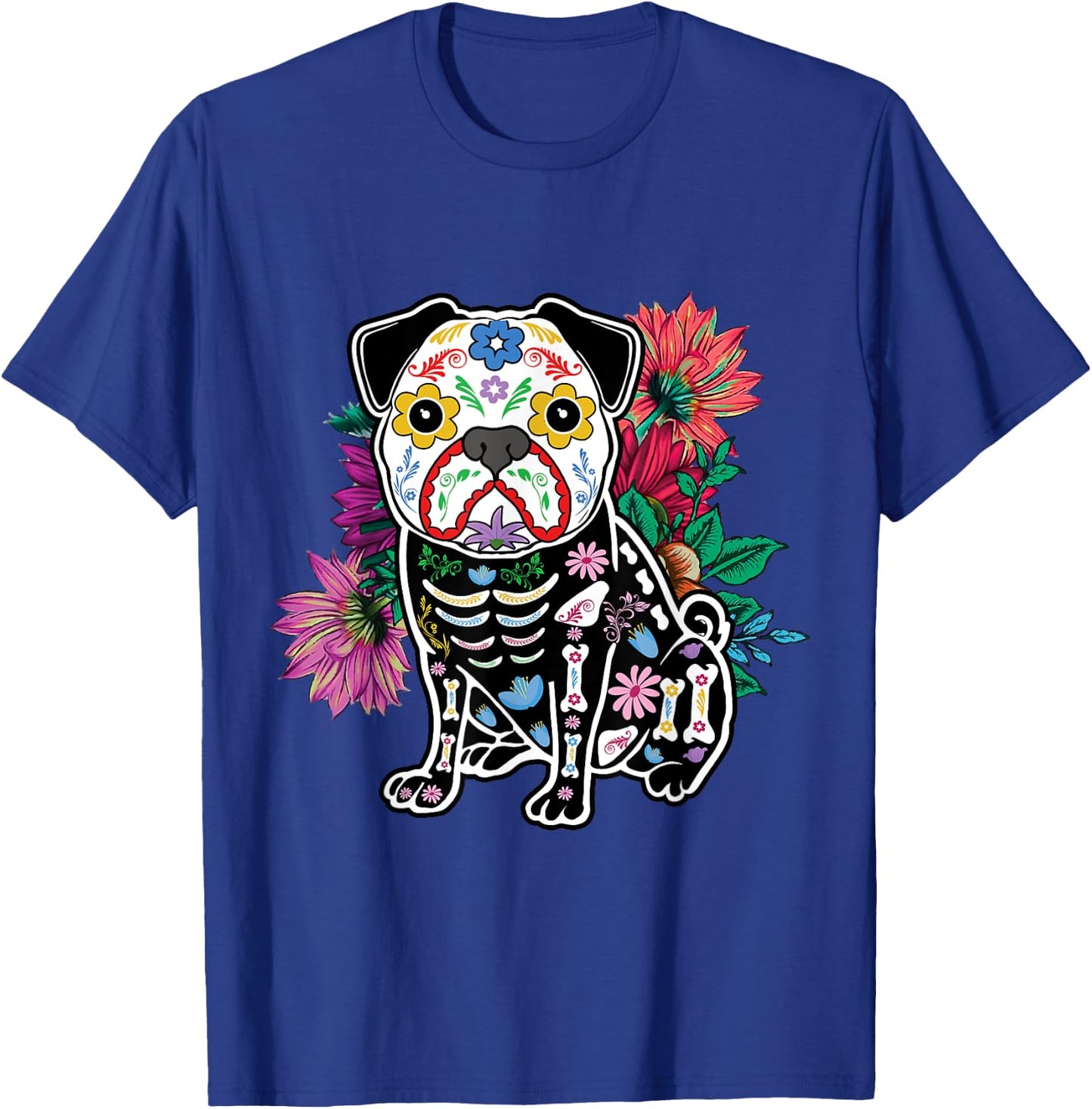Floral Pug Dog Lover Souls Day Of Dead Dia De Los Muertos T-Shirt - T-Shirt | Royal