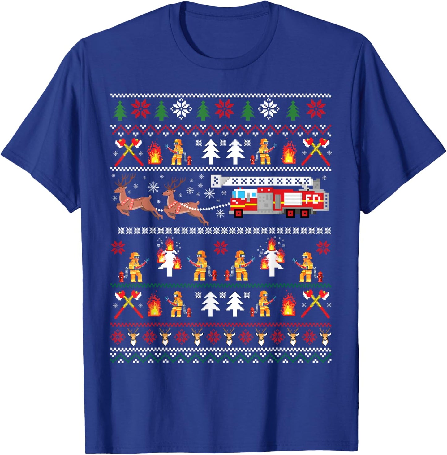 Firefighter Ugly Christmas Sweater, Fireman Fire Firefighter T-Shirt - T-Shirt | Royal