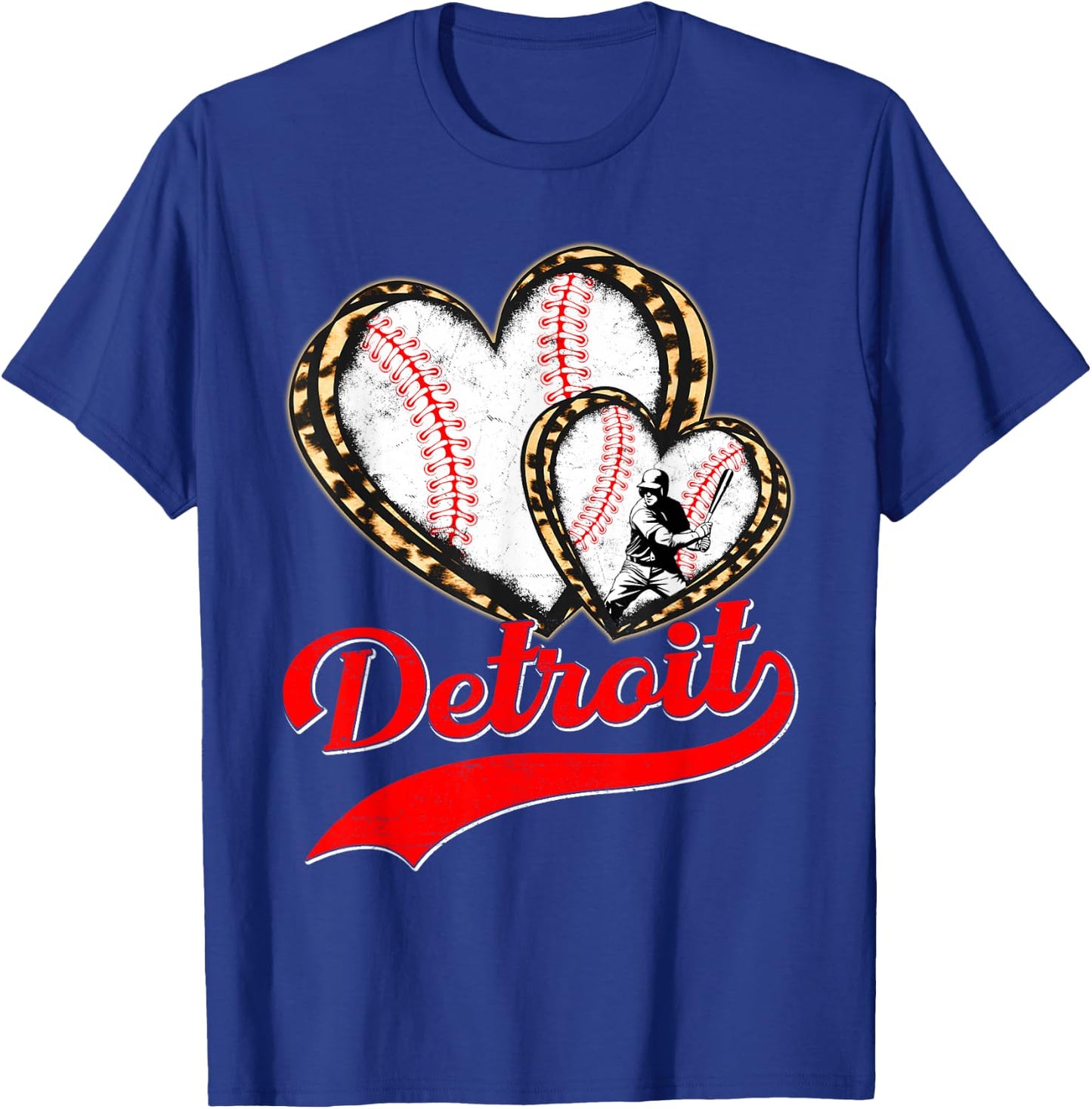 Vintage Detroit Baseball Leopard Heart Baseball Fans T-Shirt - T-Shirt | Royal