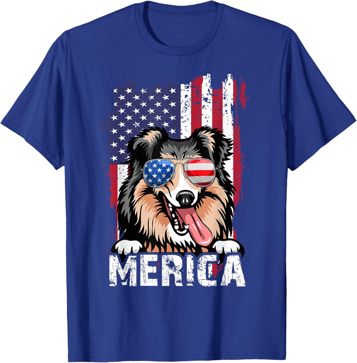 Merica 4th of July Shetland Sheepdog US Flag Sheltie Mom Dad T-Shirt - T-Shirt | Royal