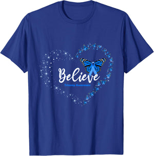 Butterfly Heart Believe Blue Ribbon Trisomy Awareness T-Shirt - T-Shirt | Royal