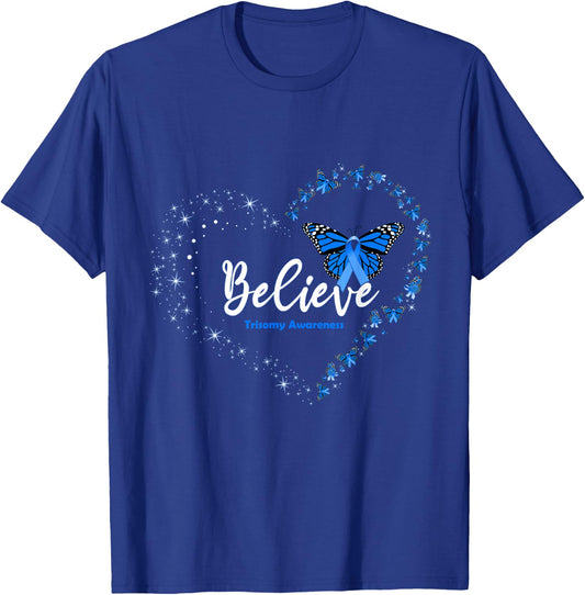Butterfly Heart Believe Blue Ribbon Trisomy Awareness T-Shirt - T-Shirt | Royal