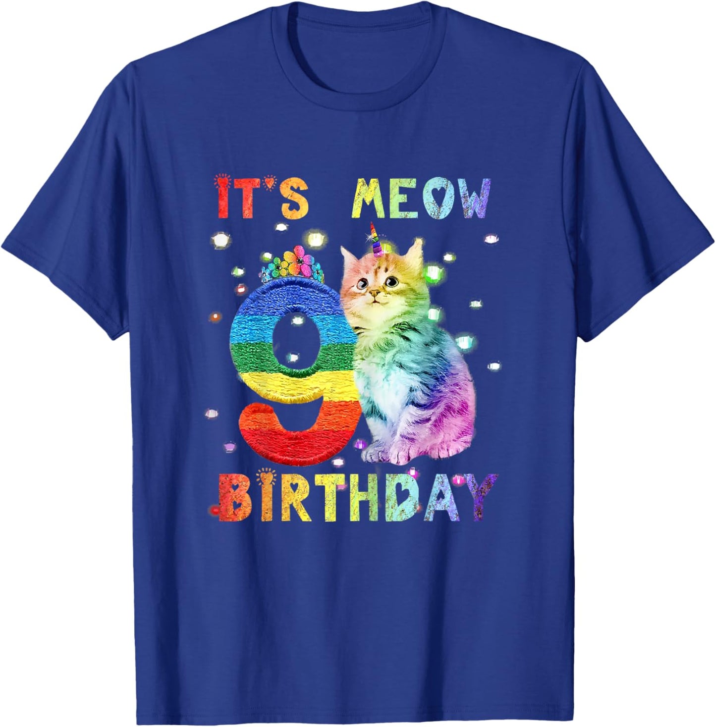 Cute 9th Birthday Cat Unicorn 9 Years Old Rainbow Girl Teens T-Shirt - T-Shirt | Royal