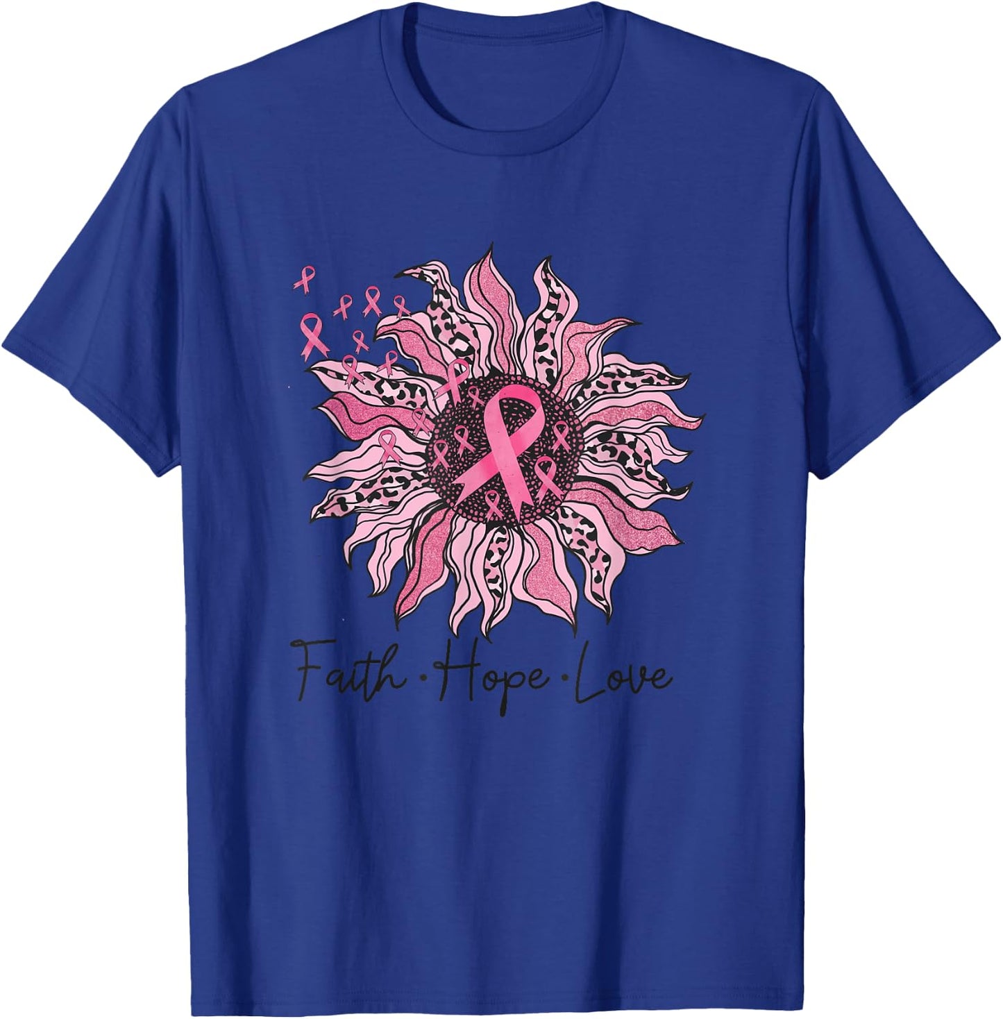 Faith Hope Love Sunflower Leopard Breast Cancer Awareness T-Shirt - T-Shirt | Royal