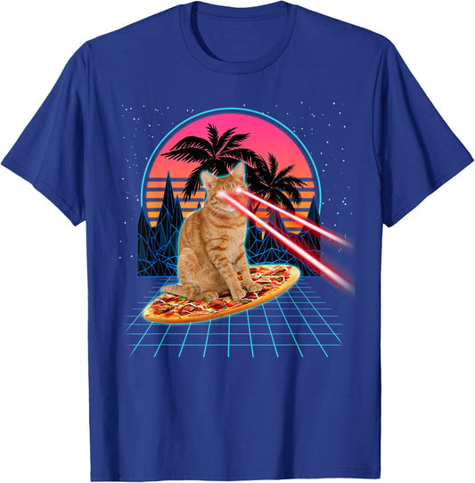Cat Riding Pizza Laser Eyes 80s Cat In Space Cats Lovers Men Women Kids T-Shirt - T-Shirt | Royal