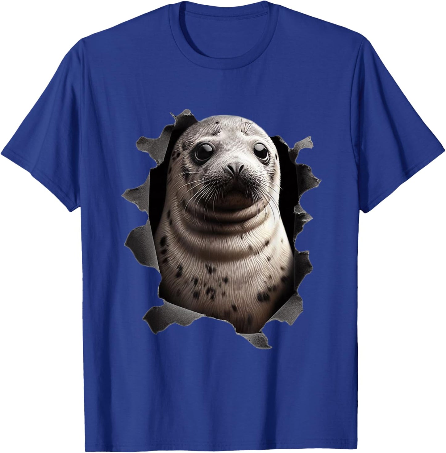 Baby seal looking out of torn cloth Funny Animal Lover T-Shirt - T-Shirt | Royal