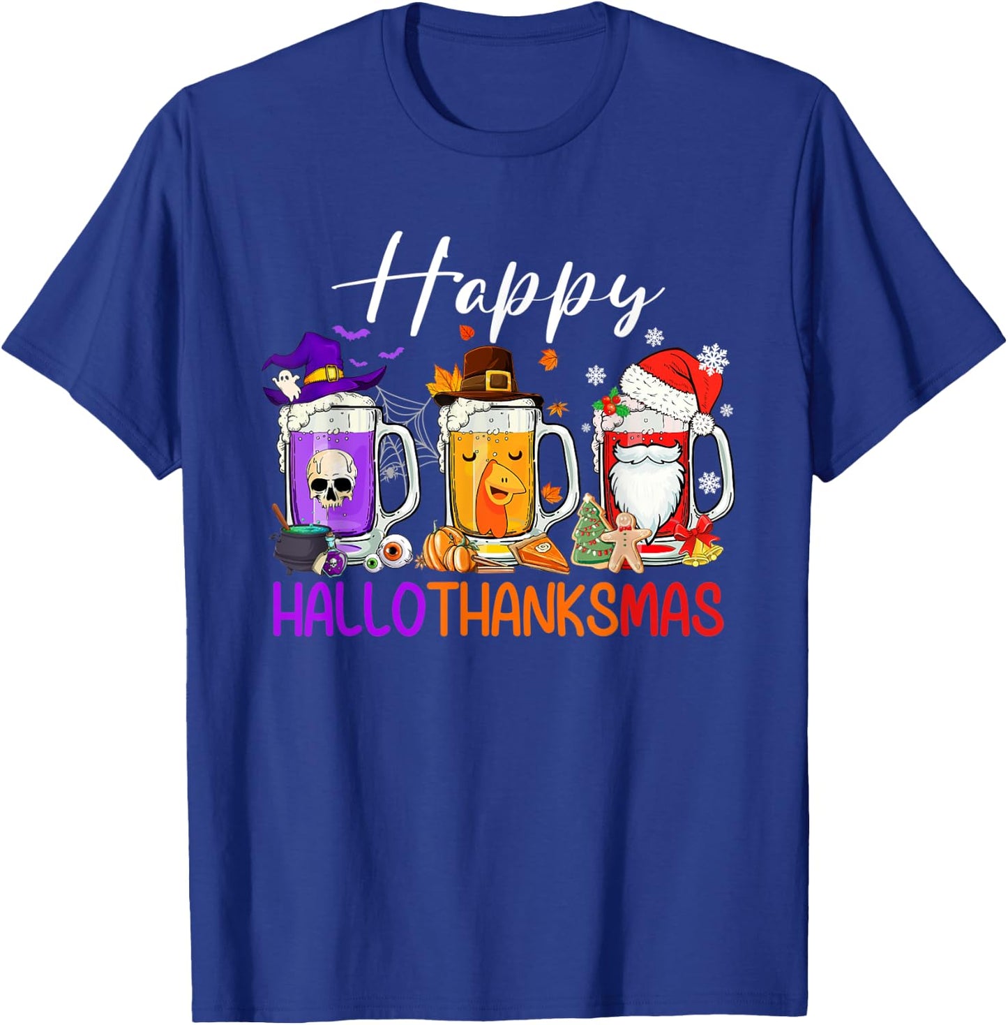 Happy Hallothanksmas Beer Halloween Thanksgiving Christmas T-Shirt - T-Shirt | Royal